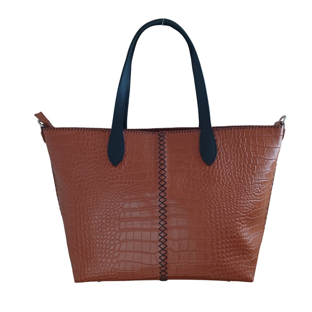 Isabella‎ Adams Cognac Brown Croc Embossed Faux Leather Tote Bag Leopard Lining